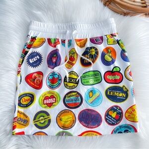 Love Mochino Mini Skirt Fruit Sticker Print Drawstring Pockets Motif